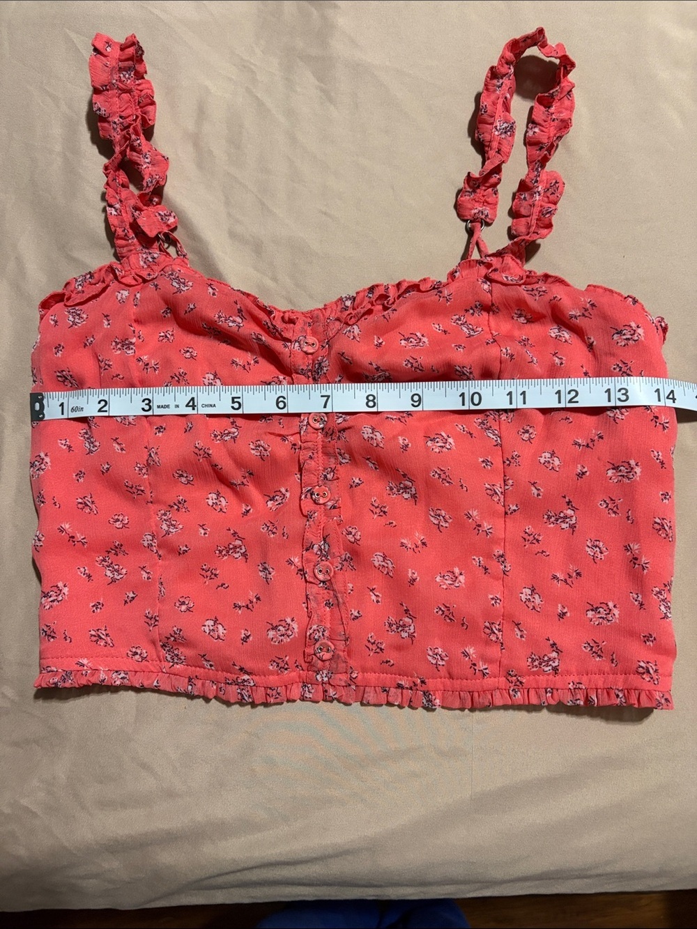Abercrombie & Fitch Coral Floral Ruffle-Trim Crop Camisole - Picture 9 of 10